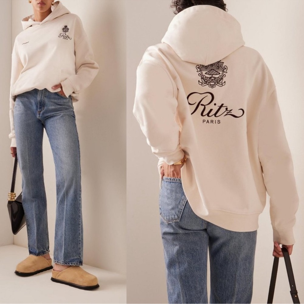 Frame X Ritz Paris Crest Unisex Hoodie Sweatshirt in Cream, Size Small